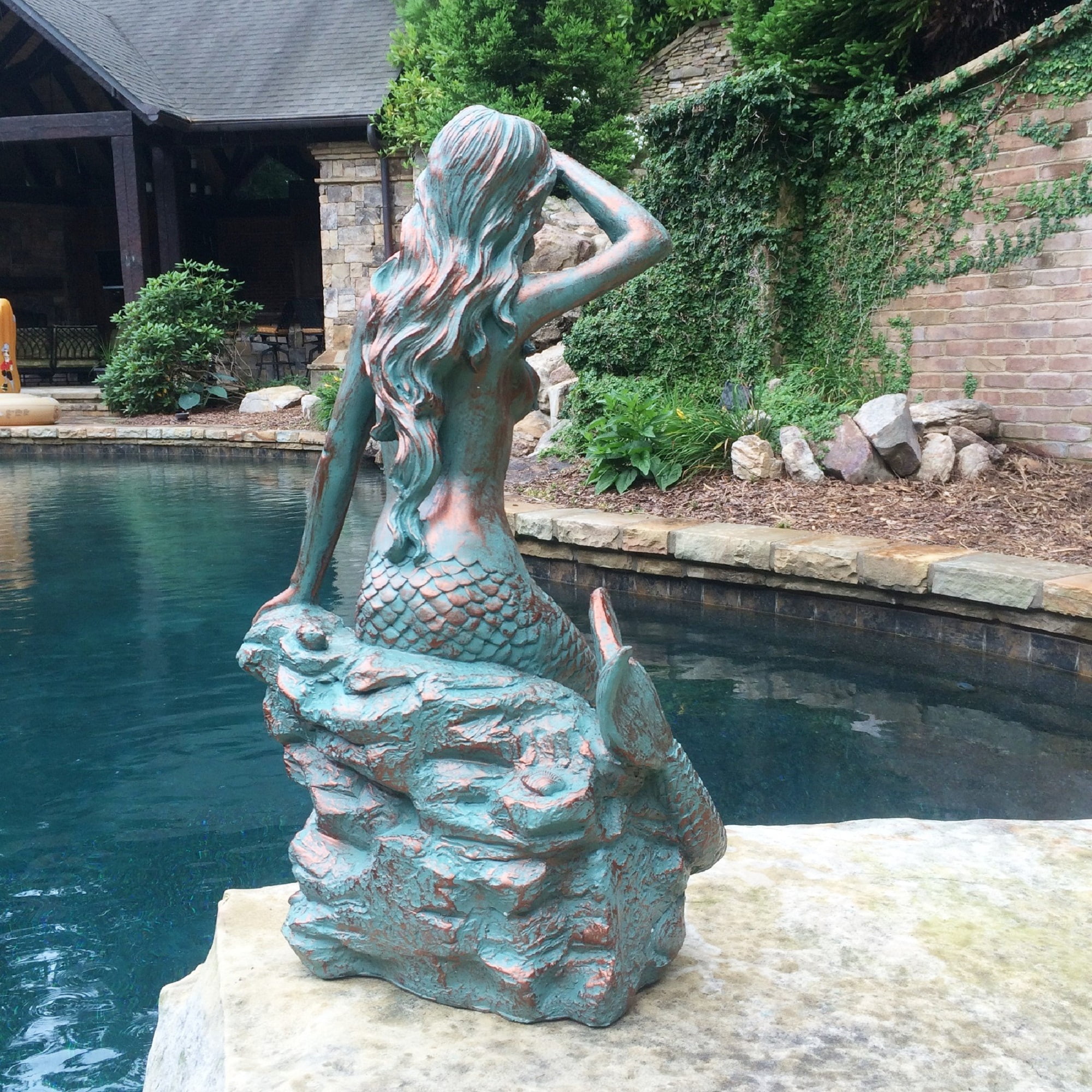Homestyles 30 in. Giant Classic Mermaid Sitting on Coastal Ocean Rock Looking Out to Sea in Bronze Patina Finish Beach Nautical Garden Statue