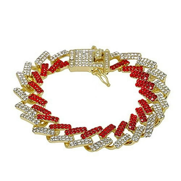 Charles Raymond New Cuban Zig Zag Bling'ed Out ZZ Links w/ 3 Row Diamonds on Each Side Hip Hop Living Color Bracelet - ZZ001B - Red/Gld