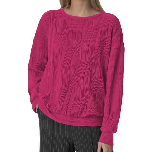 Women's Long Sleeve Ribbed Knit Pullover - Solid Color Polyester Sweatshirt, Casual Hoodless Top for All Seasons