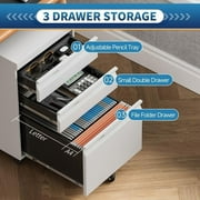 Locking File Cabinet 3 Drawers On Wheels Under Desk, Metal Filing Cabinets For Home Office, A4, Letter-Size Files, Hanging File Folders- Assembly Required(White)