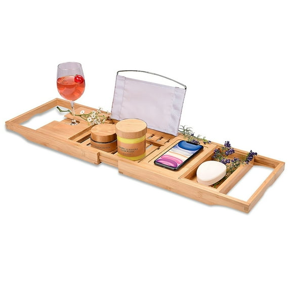 Wide Bamboo Bath Caddy Tray Wooden Bathtub Adjustable Holder & Organizer for Glass/Soap/Notepad/Mobile/Bathroom Toiletries, Removable Boards with Non Slip Extendable Sides (Nature)