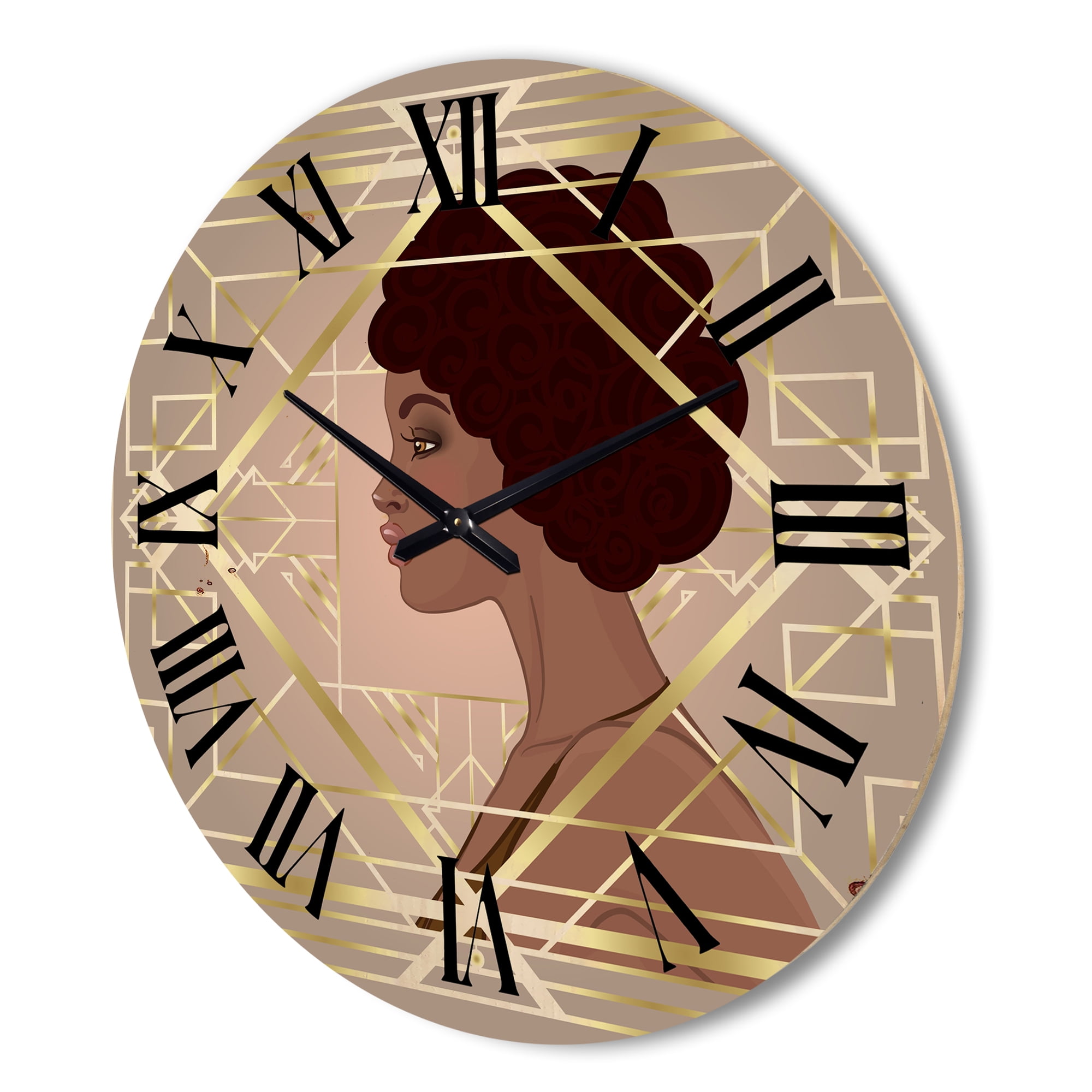Designart 'Retro Girl In Golden Art Deco Geometrics II' Modern Wood Wall Clock
