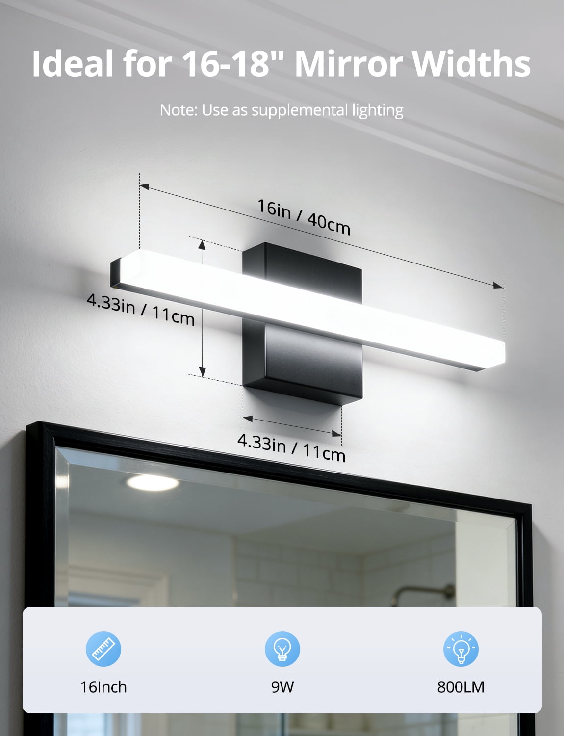 Combuh LED Bathroom Wall Light Bar Modern Acrylic Vanity Lighting Fixtures Over Mirror, 16 Inch 9W Black Restroom Lights Cool White 6000K for Kitchen Bedroom
