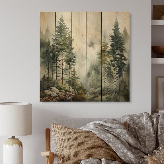 Designart "Misty Morning Pine Tree Charm II" Landscapes Print on Natural Pine Wood