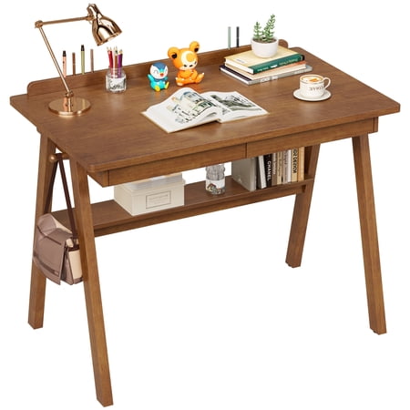 BESKADI 100% Solid Wood Desk with Drawers & Storage Shelf - 40 x 24 Inch Mid Century Modern Desks, Vintage Writing Desk with Deeper Desktop, Home Office Computer Desks for Bedroom & Home-Walnut Color