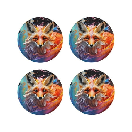 

Coasters Set of 4 - Color Splash Fox Portrait Drink Coasters for Tabletop Protection Leather Coasters for Living Room Decor and Housewarming Gift Round Shape
