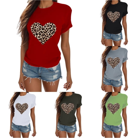 HCYSFG Cheetah Print Tops For Women Leopard Print T Shirts Crewneck Short Sleeve Heart Graphic Relaxed Fit Pullover Tees
