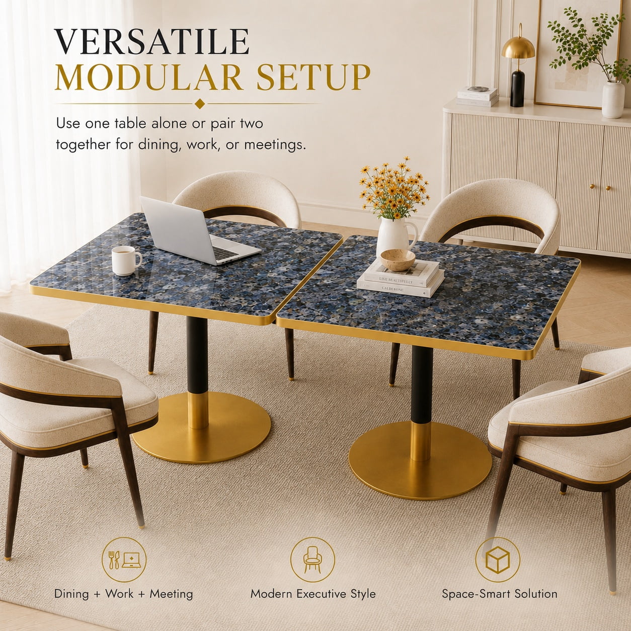 Aukfa 31.5" Square Dining Table for 2-4, Marble-Look Sintered Stone Top, Gold Pedestal Base, Small Spaces,Sapphire Blue