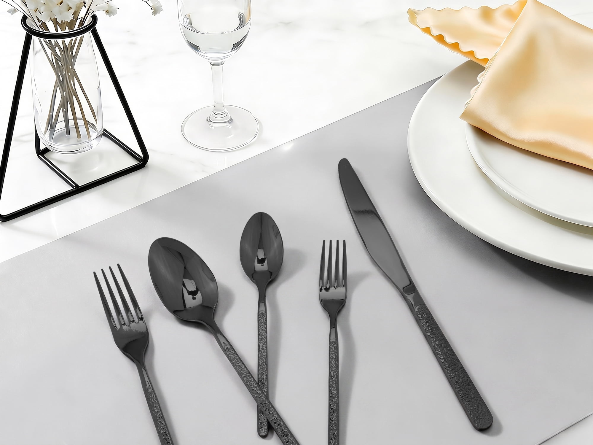 Unique Bargains 20 Piece Stainless Steel Flatware Set with Texture and Mirror Black