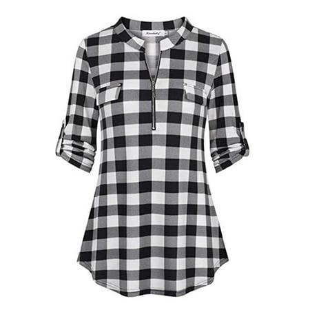

Womens 3/4 Sleeve Shirts Dressy Zip Up V Neck Lattice Printed Curved Hem Sheer Chiffon Blouse Bussiness Work Shirts Tops