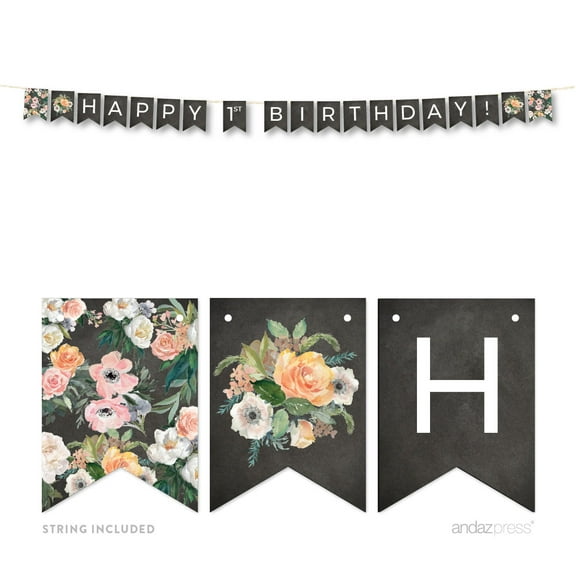 Peach Chalkboard Floral Party, Happy 1st Birthday! 5-Feet Hanging Pennant Party Banner with String