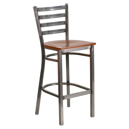 Flash Furniture HERCULES Series Clear Coated Ladder Back Metal Restaurant Barstool, Wood Seat, Multiple