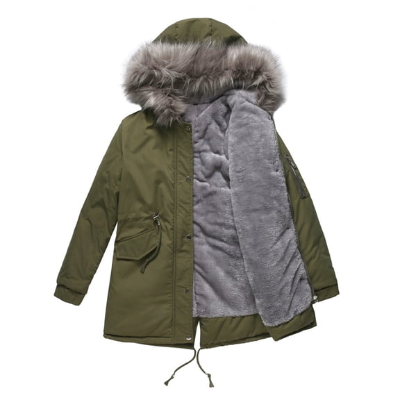 Women's Mid-length Hooded Winter Warm Fleece Lined Cotton Padded Parka Coat, Army Green, Size L