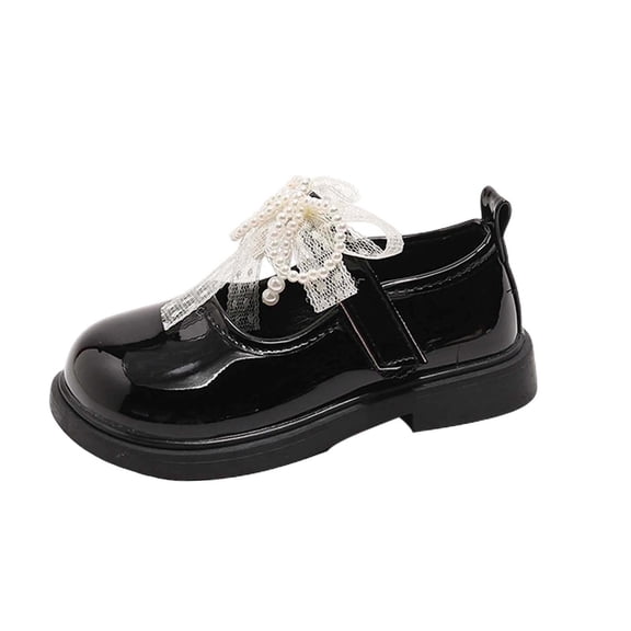 Owordtank Girls Lace Bow Mary Jane Dress Shoes with Pearls, PU Leather Flats Boots School Uniform Shoes for Kids