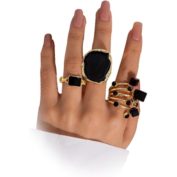 Chunky Black Rings Set for Women,Vintage Gold Statement Stackable Rings Trendy Big Cocktail Ring Pack,Charm Party Prom Jewelry Accessories Gifts