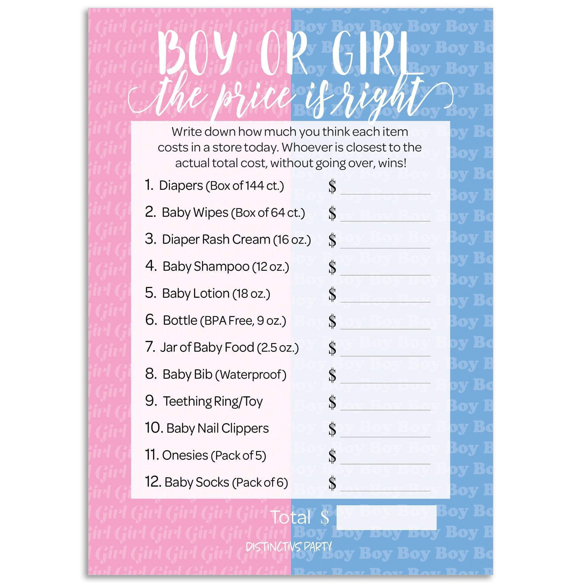 Baby Shower Game Prediction Cards Pink/Blue/Yellow Girl/Boy/Neutral 20 Players 