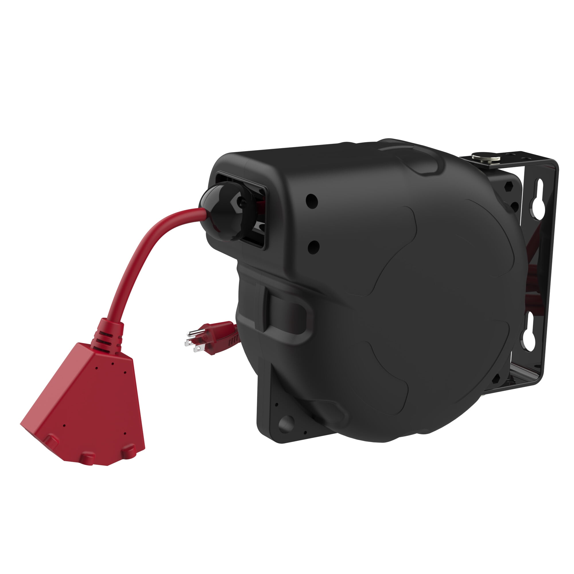 Hyper Tough 33' Auto-Retractable Extension Cord Reel, 16/3 AWG SJTW Cord, Grounded Triple Tap Outlet, Black/Red
