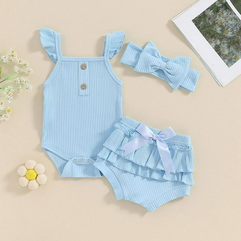 Newborn Baby Girl Summer Outfit Set – Ribbed Sleeveless Romper, Ruffle Shorts & Headband, Cute Floral 3-Piece Set