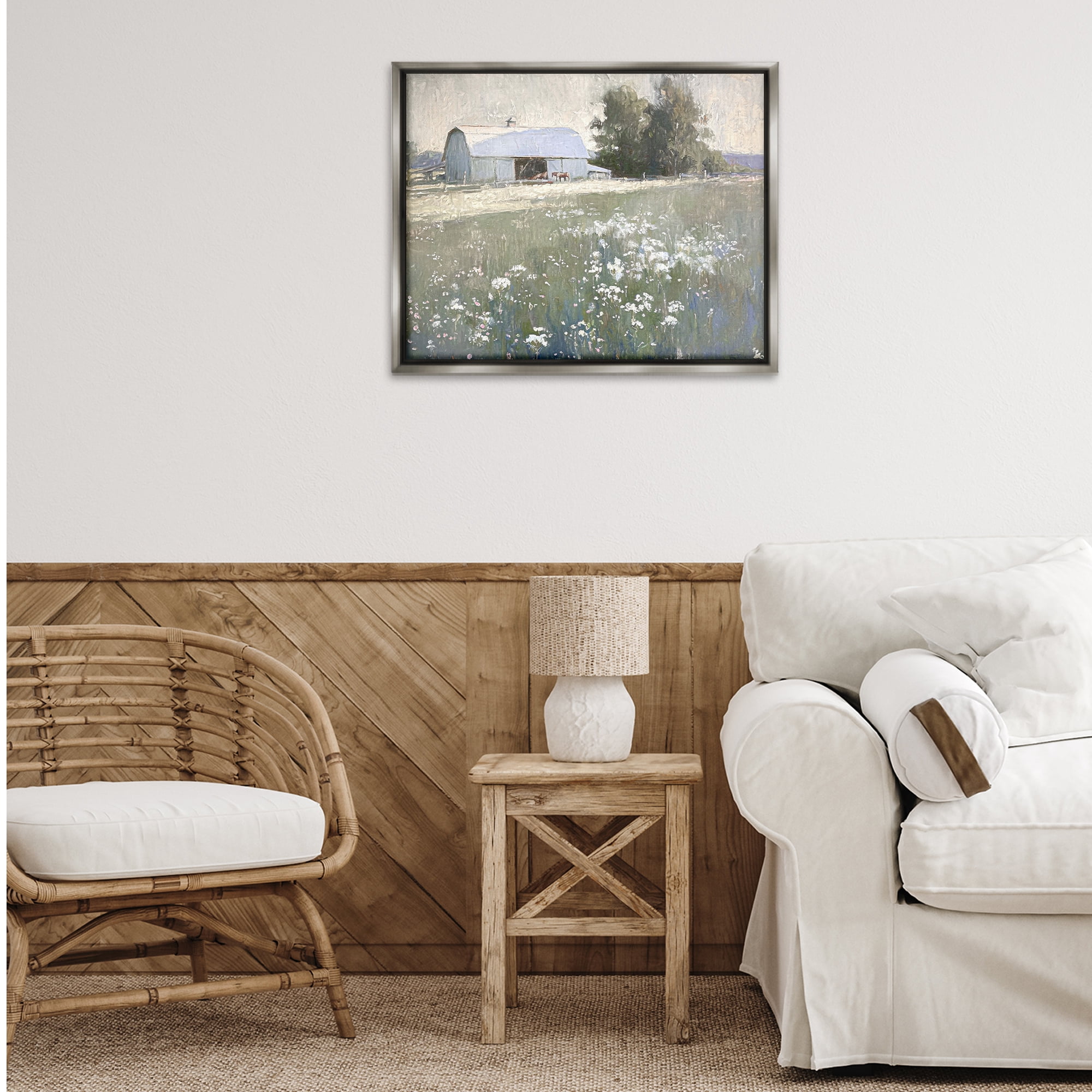Stupell Industries Peaceful Farm Pasture Landscape Painting Gray Floater Framed Canvas Art Print Wall Art, 31 x 25