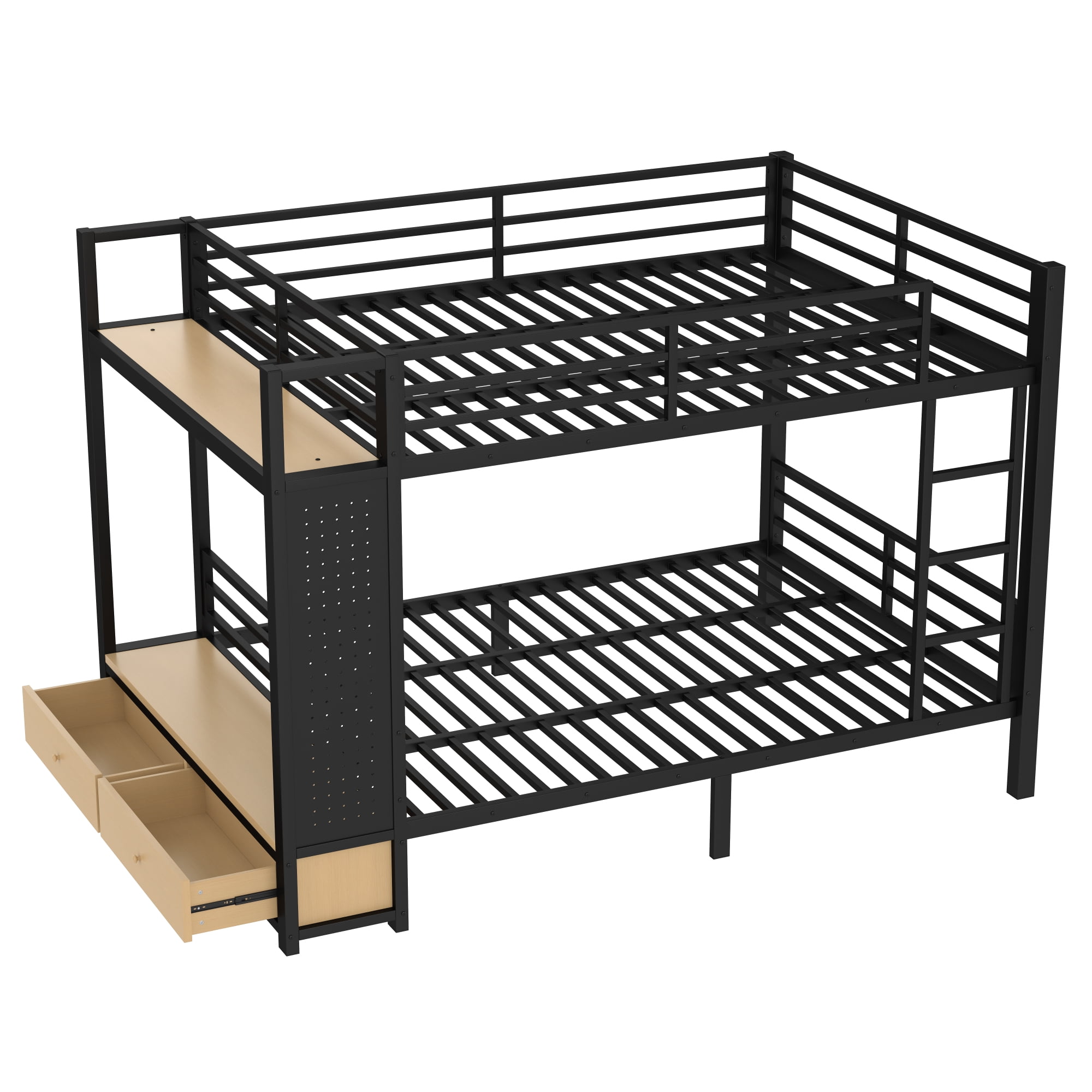 Leumius Queen over Queen Metal Bunk Bed with Built-in Wardrobe,Heavy Duty Loft Bed Frame with Storage Shelves,Drawers and Pegboard,Space-Saving,Black