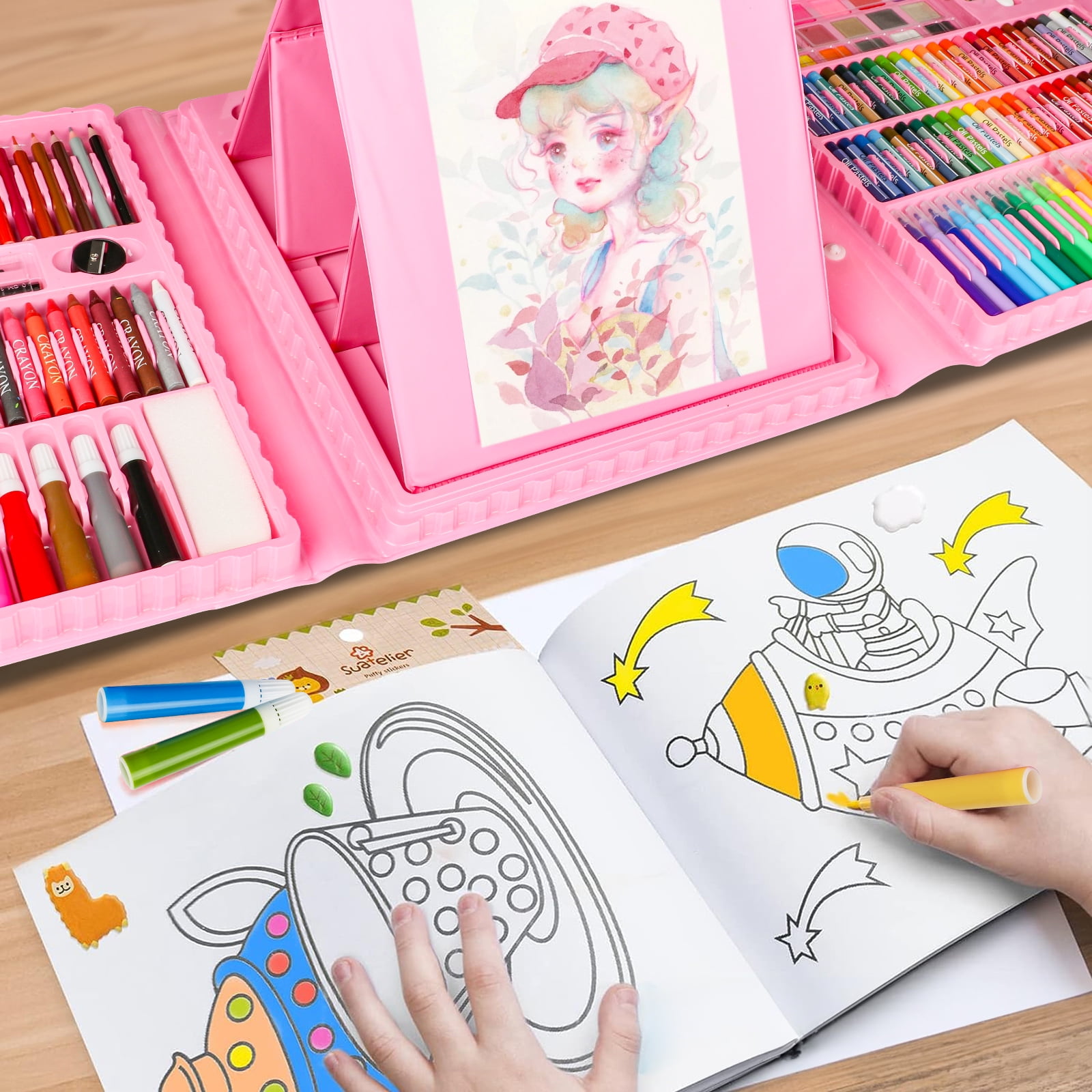 Hot Bee Art Set for Kids, Color Set with 208 Pcs Art Supplies, Pink Coloring Kit for Girls 4-6, Perfect Christmas Gifts Drawing Arts & Crafts Kit for