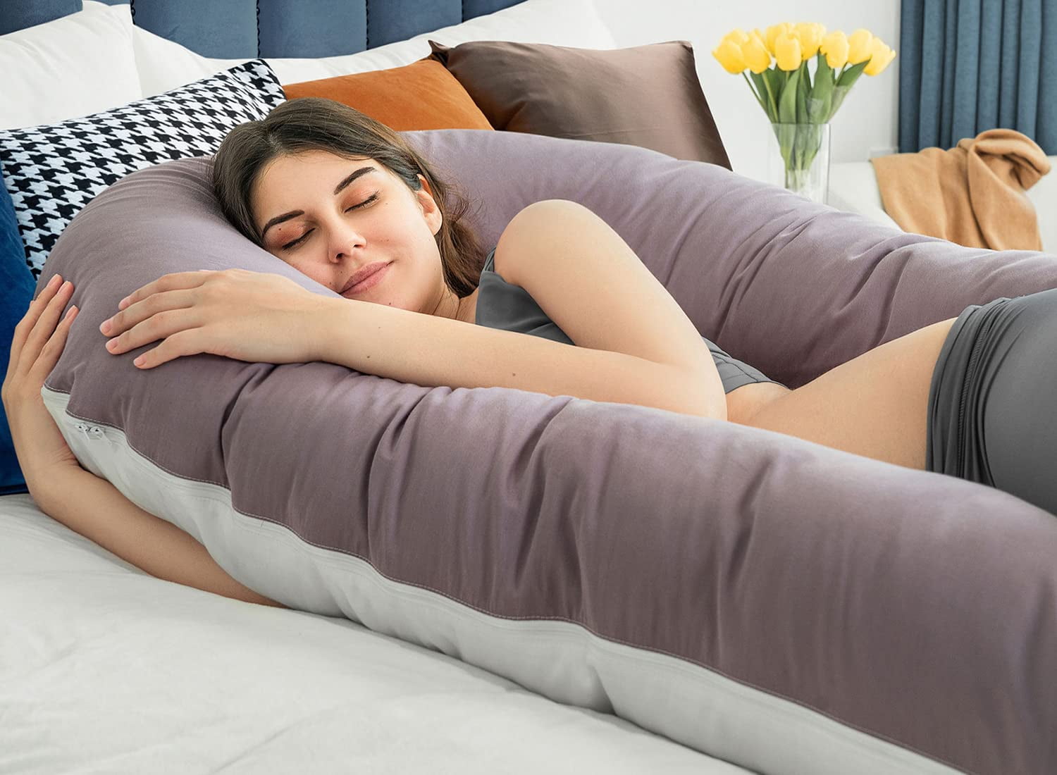 Extra Long U Shaped Body Pillow  65in Pillows For Sleeping Full Support Adults And Maternity Women Sateen Cover Purple White