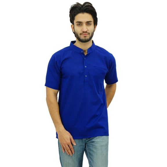 Atasi Mandarin Collar Men's Short Kurta Cotton Slub Royal Blue Shirt-Large