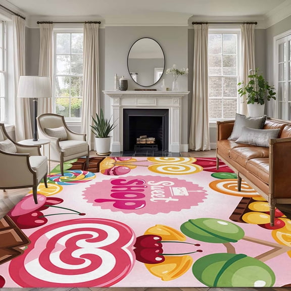 Area Rug for Living Room, Sweet Shop Words Non-Slip Indoor Large Carpet for Bedroom/Dining Room, Candyland Colorful Lollipop Potatoes Washable Low-Profile Rectangle Floor Runner Rugs - 5 x 7 Ft
