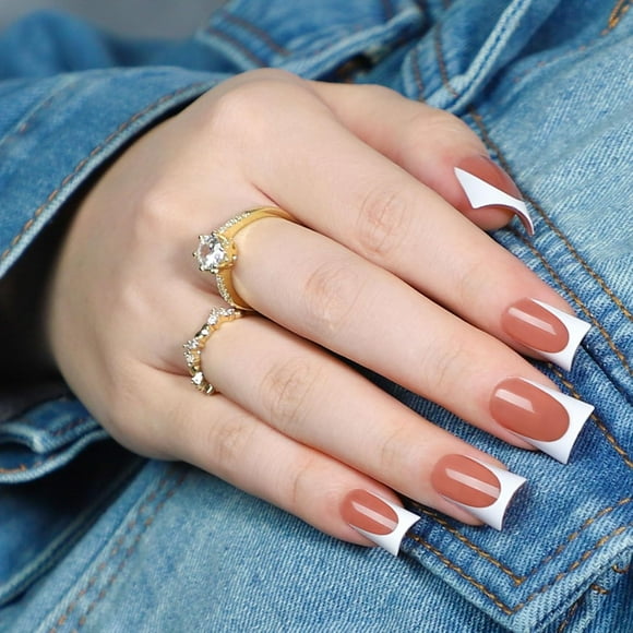 TRAHOO-Duck Shape Press On Nails, Short Duck Nails, Glue on Nails, Stick on Nails, False Nails Solid Dark Color Fake Nails on 32PCS 16Sizes (Brown French, Duck)