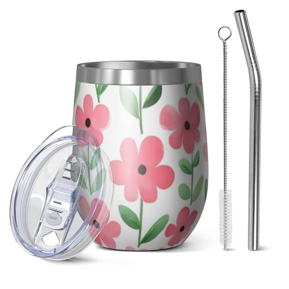 12oz Stemless Wine Tumblers Pioneer Flower Floral Print Pattern Vacuum Insulated Stainless Steel Travel Tumbler Cups Mug with Lid and Straw for Champaign,Cocktail,Beer with Cleaning Brush