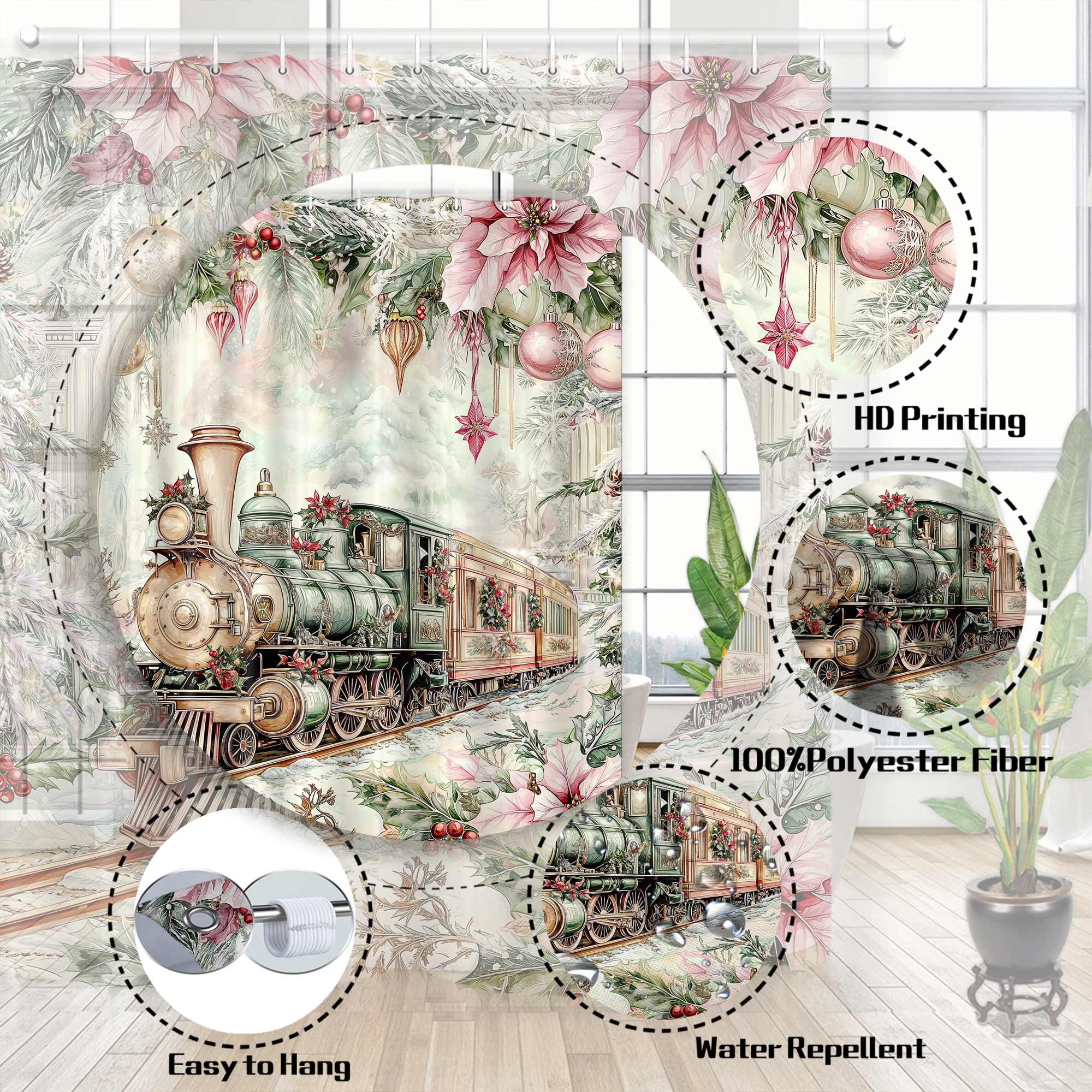 Christmas Train Shower Curtain, Pink Vintage Steam Train Castle Xmas Tree Bathroom Curtain, Country Farmhouse Cute Winter Christma Floral Light Ball Bathroom Decor Shower Cutain Set, 72X72in