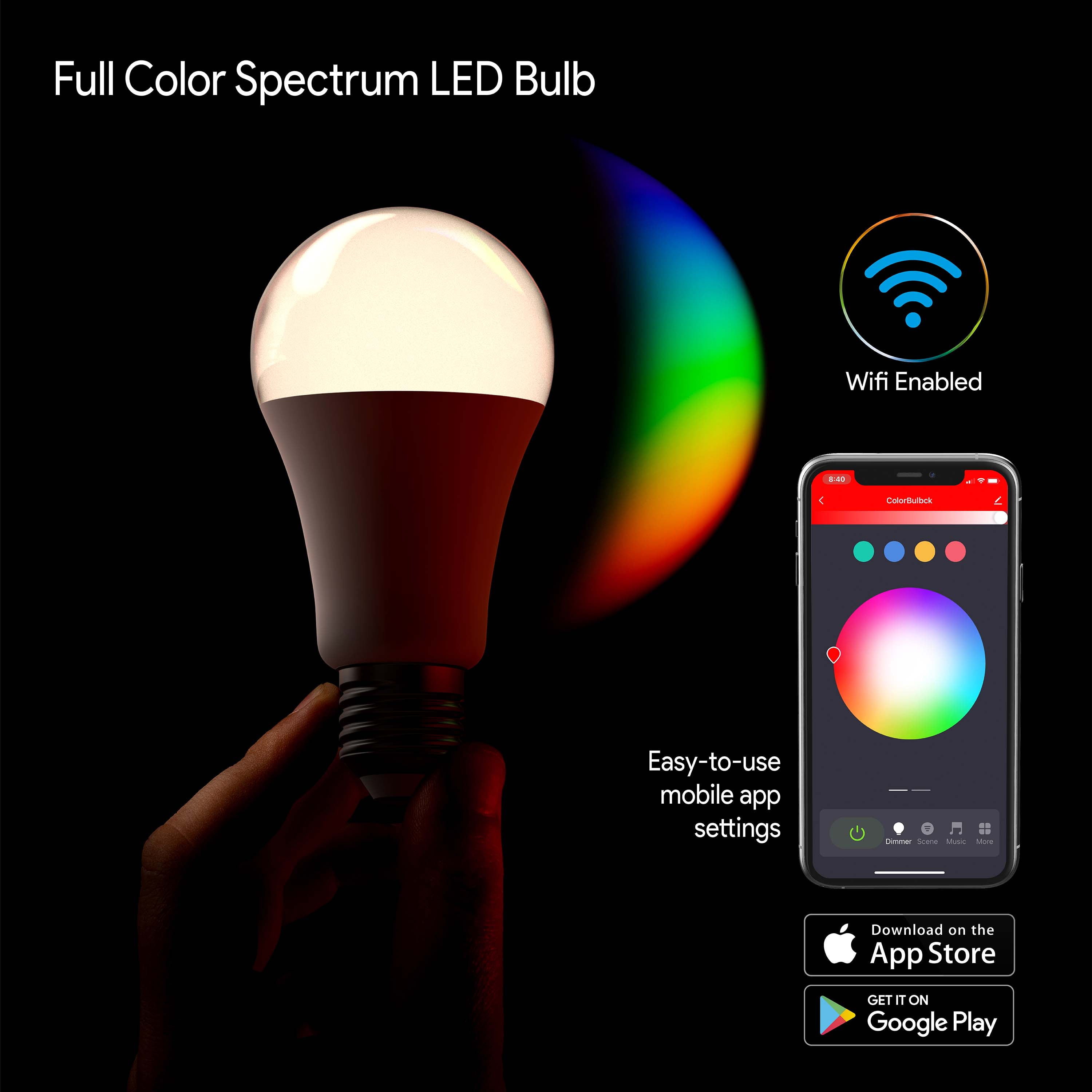 Eubie Colorbulb 2-Pack, App-Controlled Customizable Smart LED A21 Light Bulbs with Wi-Fi, 11W