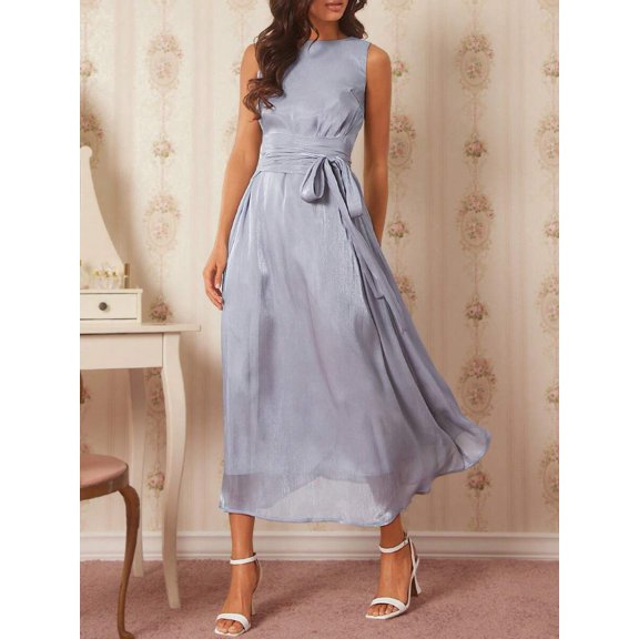 Baby Blue Sleeveless Tie Waist A-Line Maxi Dress For Women Elegant Vacation Dress