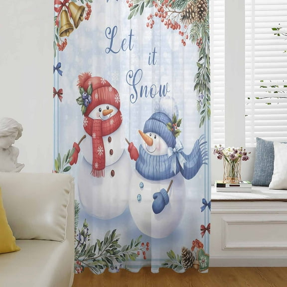Blue Christmas Semi Sheer Curtains Drapes for Living Room,Bedroom,French Doors Window 54 Inches Long,Xmas Snowman Tree Snowflake Pine Cones Rod Pocket Chiffon Curtain Drapery Voile Draperies Panel