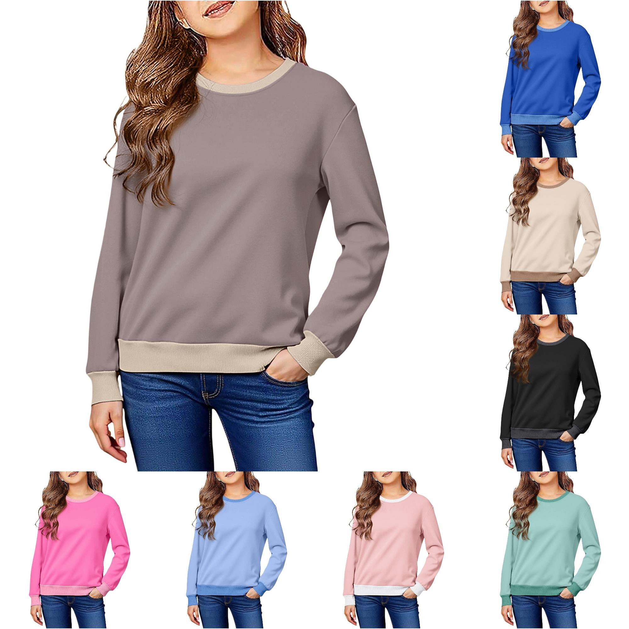 GobdXE Girls Cotton Blend Color Block Rib Sweatshirt Long Sleeve Crew Neck Casual Relaxed Basic Pullover Shirt Brown 9-10 Years