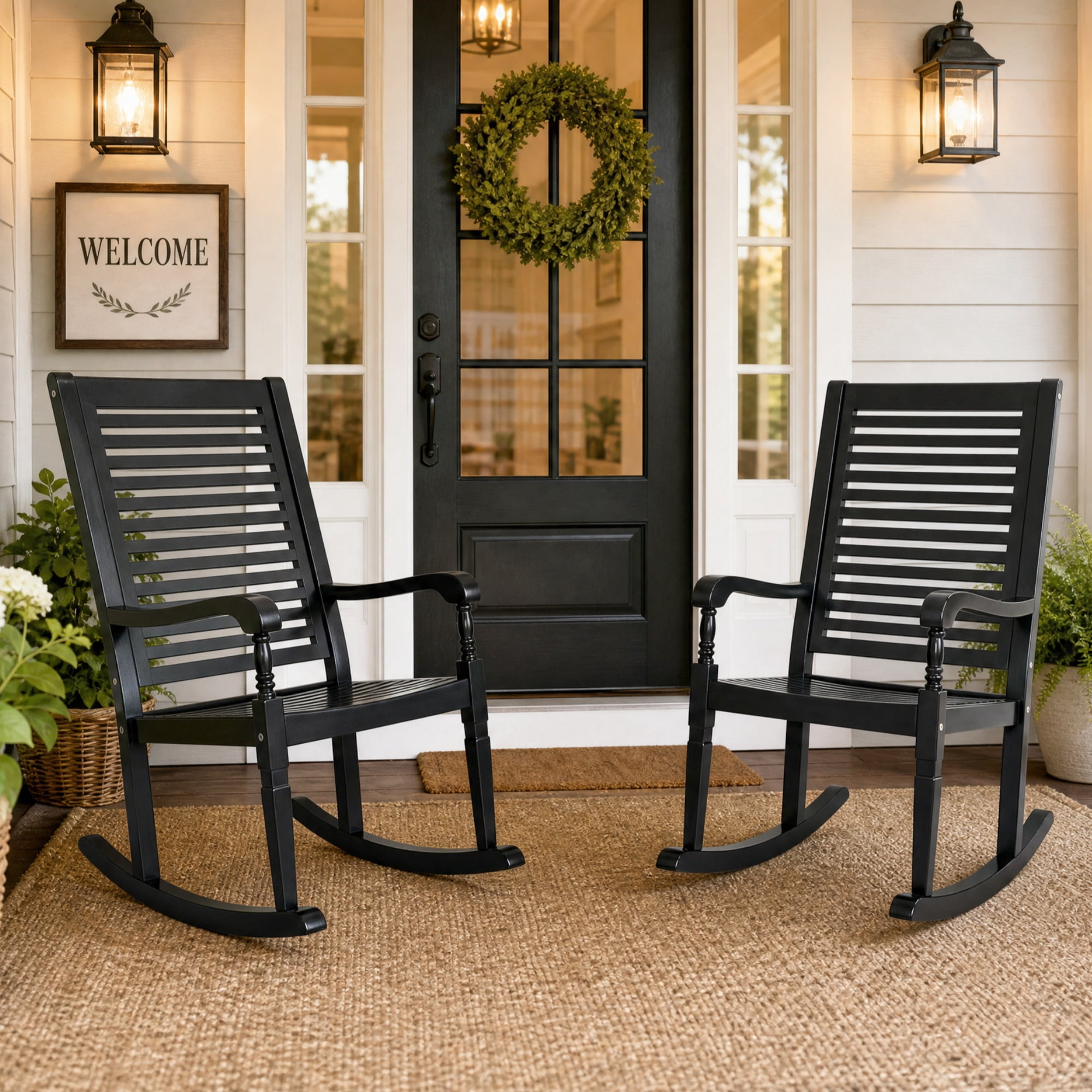 SUMMIT LIVING Acacia Wood Outdoor Patio Rocking Chair Set of 2, Front Porch Chairs for Patio, Garden, Deck, Yard, Poolside, Wood Rocker for Outdoor and Indoor, Black
