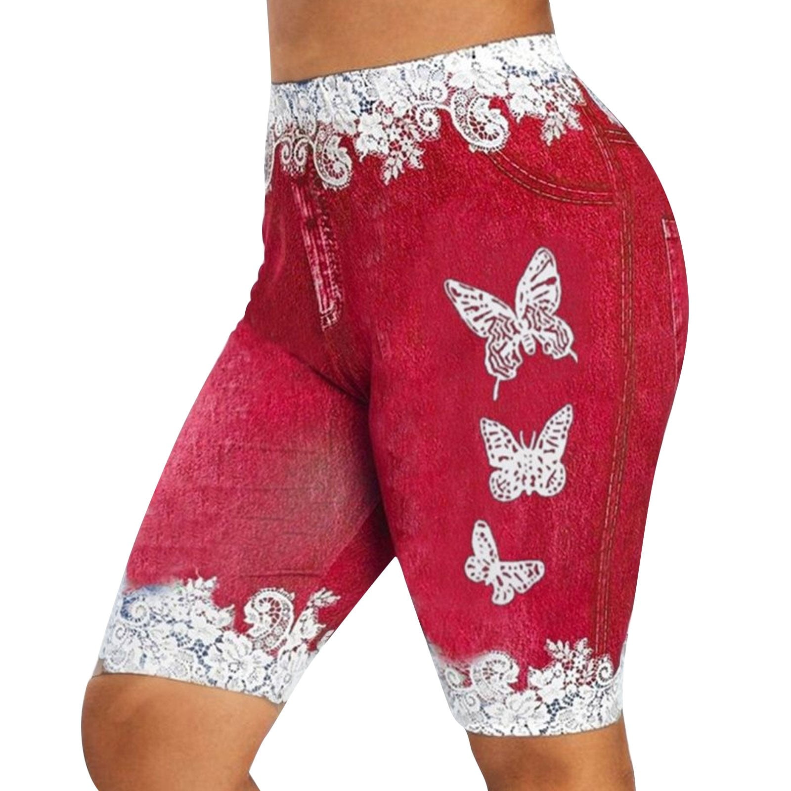 Women Loose Jeans Shorts Butterfly Print Slim Fit Elastic Waist