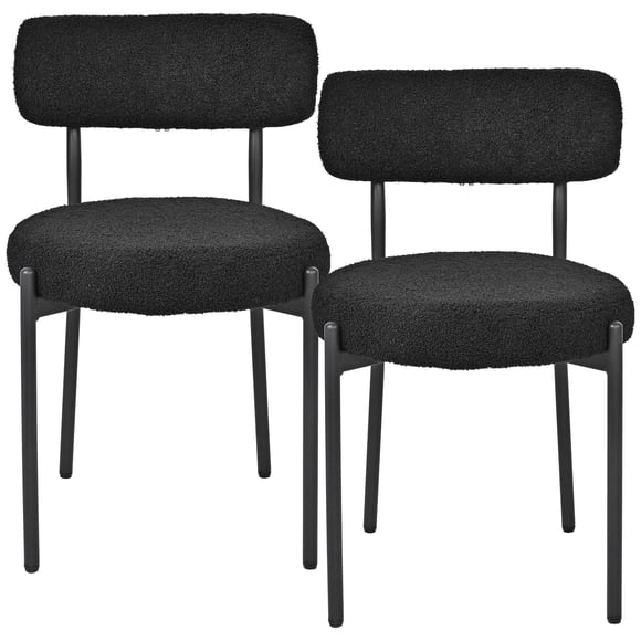 Modern Dining Chairs Set of 2, Round Boucle Dining Room Chairs Kitchen Side Chairs with Metal Legs, Curved Backrest & Thick Cushion, Black