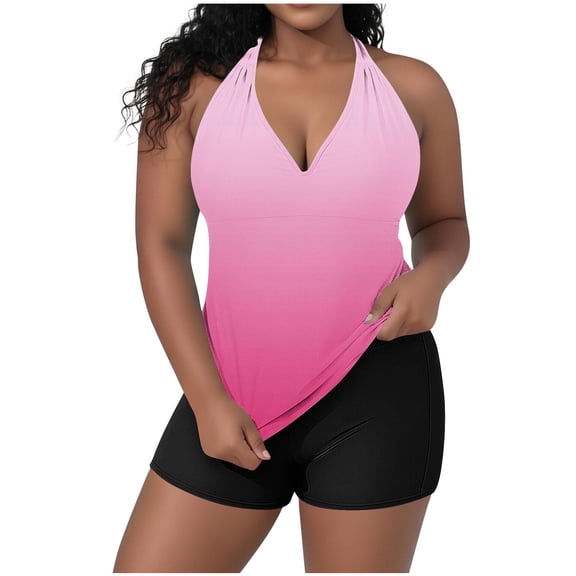 gakvbuo Tankini Swimsuits For Women With Boyshorts Swimwear Two Piece Bathing Suits Women's Plus Size Casual Solid Color Split Back Strappy Adjustable Top With Built-in Bralette Swimwear Set