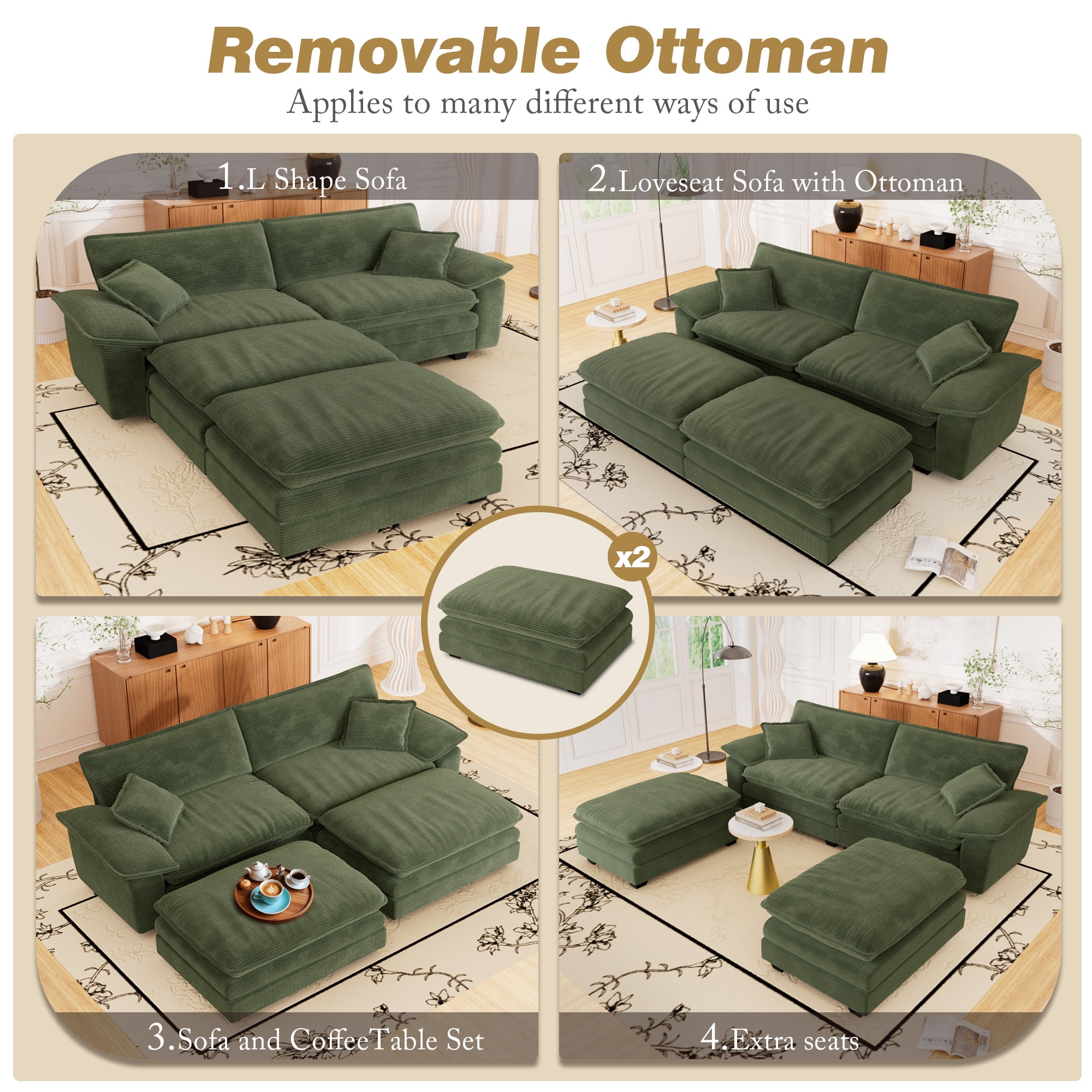 Muumblus Comfy Modular Sectional Sofa with 2 Ottoman, Deep Seat 80.5" Modern Oversized Corduroy Cloud Couch, Fluffy Deep Seat Chaise Lounge Sleeper Sofa for Living Room Apartment, Green