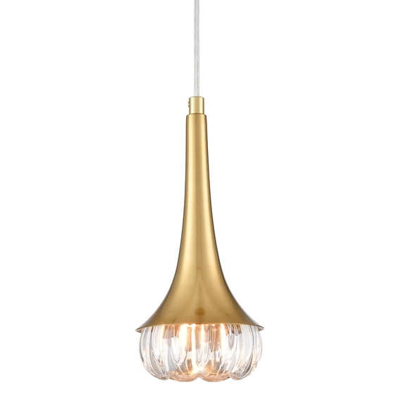 Claxy Gold Trumpet Pendant Light with Flower Clear Glass Shade
