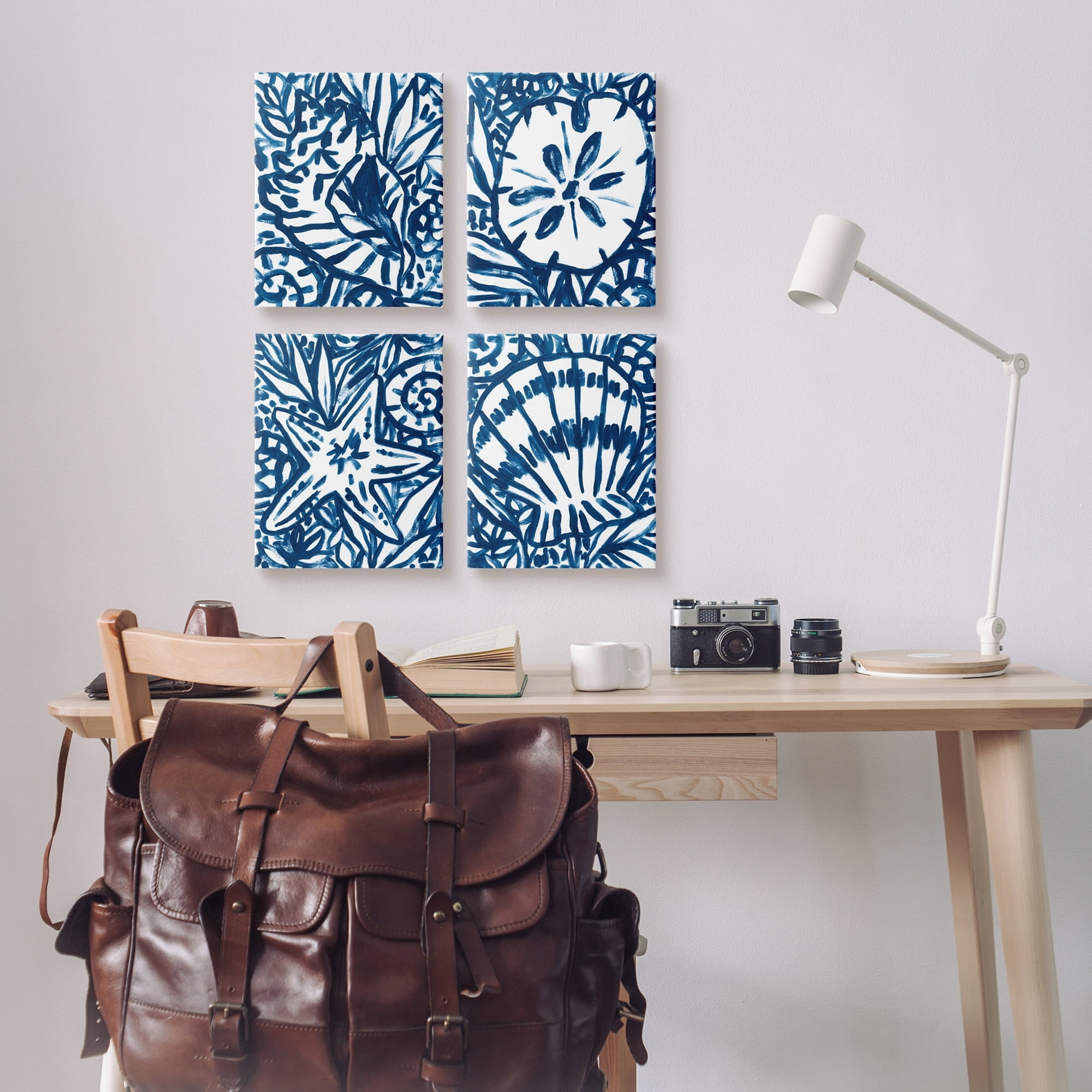 Stupell Industries Nautical Blue Seashell Starfish Sand Dollar Line Drawing Paintings Gallery-Wrapped Canvas Print Wall Art Set of 4, 16x20, by June Erica Vess