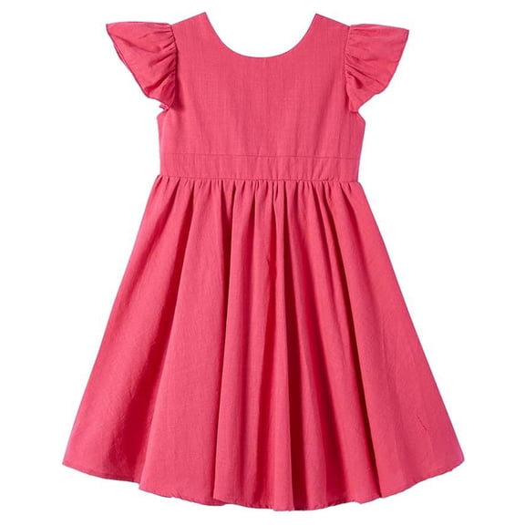 Busydd Girls Summer Dress 1-8 Years Casual Comfortable Tiered Round Neck Cotton Dress Solid Color Ruffled Sleeves Toddler Girl Clothes 1-2 Years