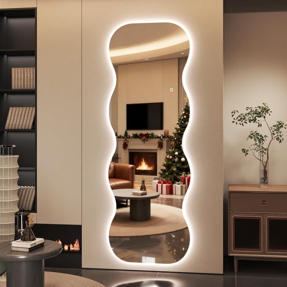 Hasipu 71"×24" Wavy Full Length Mirror with LED Lights - Dimmable Floor & Wall-Mounted Mirror, Frameless Standing Mirror for Bedroom, Living Room, Cloakroom