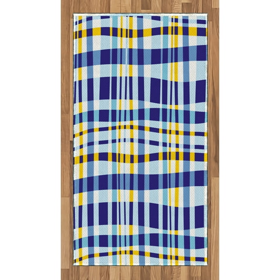 Yellow and Blue Area Rug, Retro Scottish Checkered Tartan with Color Stripes Lines Pattern, Flat Woven Accent Rug for Living Room Bedroom Dining Room, 4' X 5.7', Blue, by Ambesonne