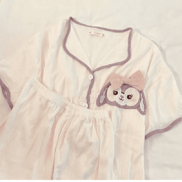 Pyjama d'Été pour Femmes Style Coréen, Manches Courtes, Design Nœud Brodé, Coupe Ample et Douce pour la Maison