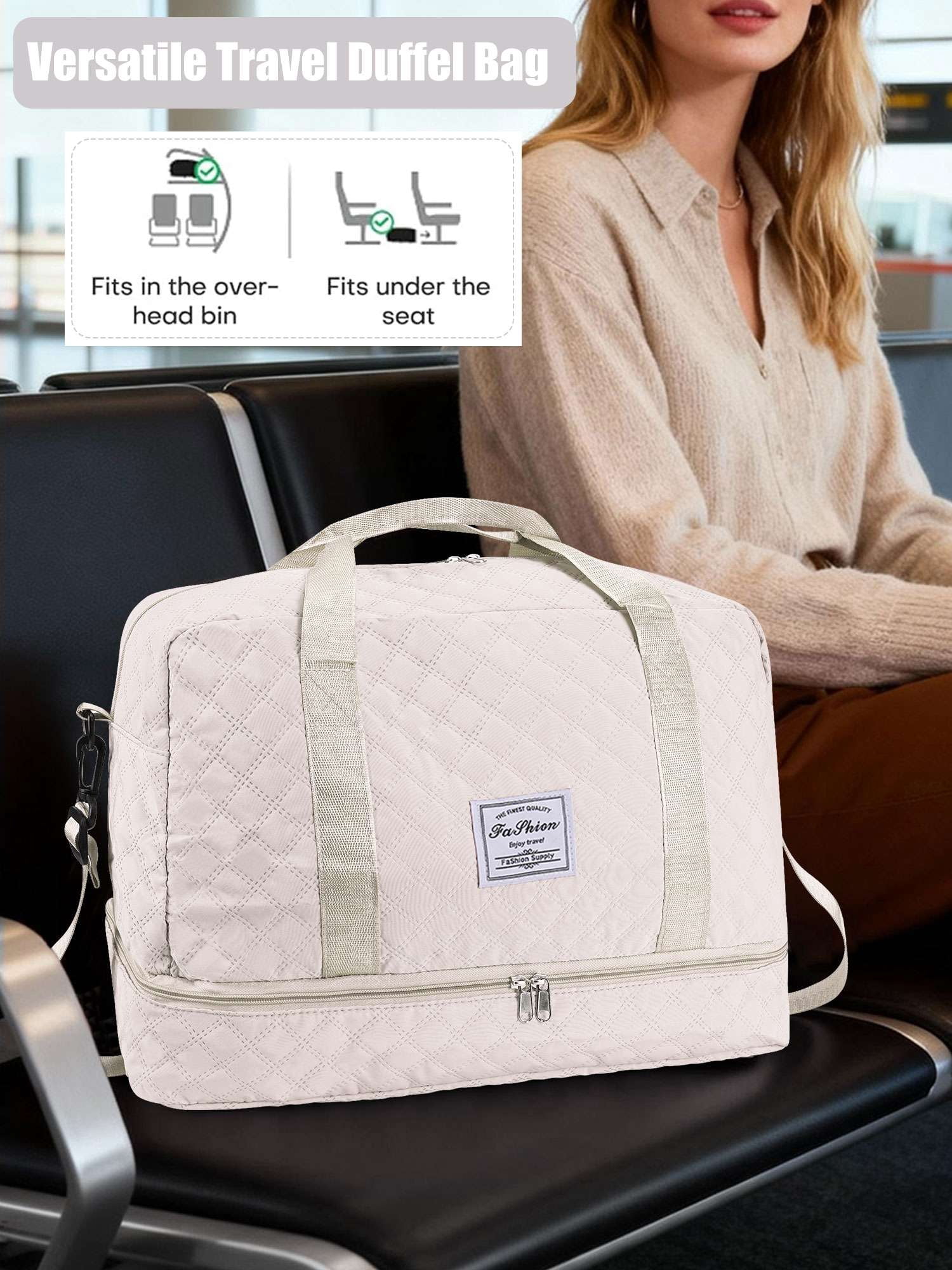 Gustave Quilted Travel Duffle Bag for Women Large Capacity Overnight Weekender Gym Hospital Bag Water Resistant Carry On Totes with Shoe Compartment & Wet Pocket, White