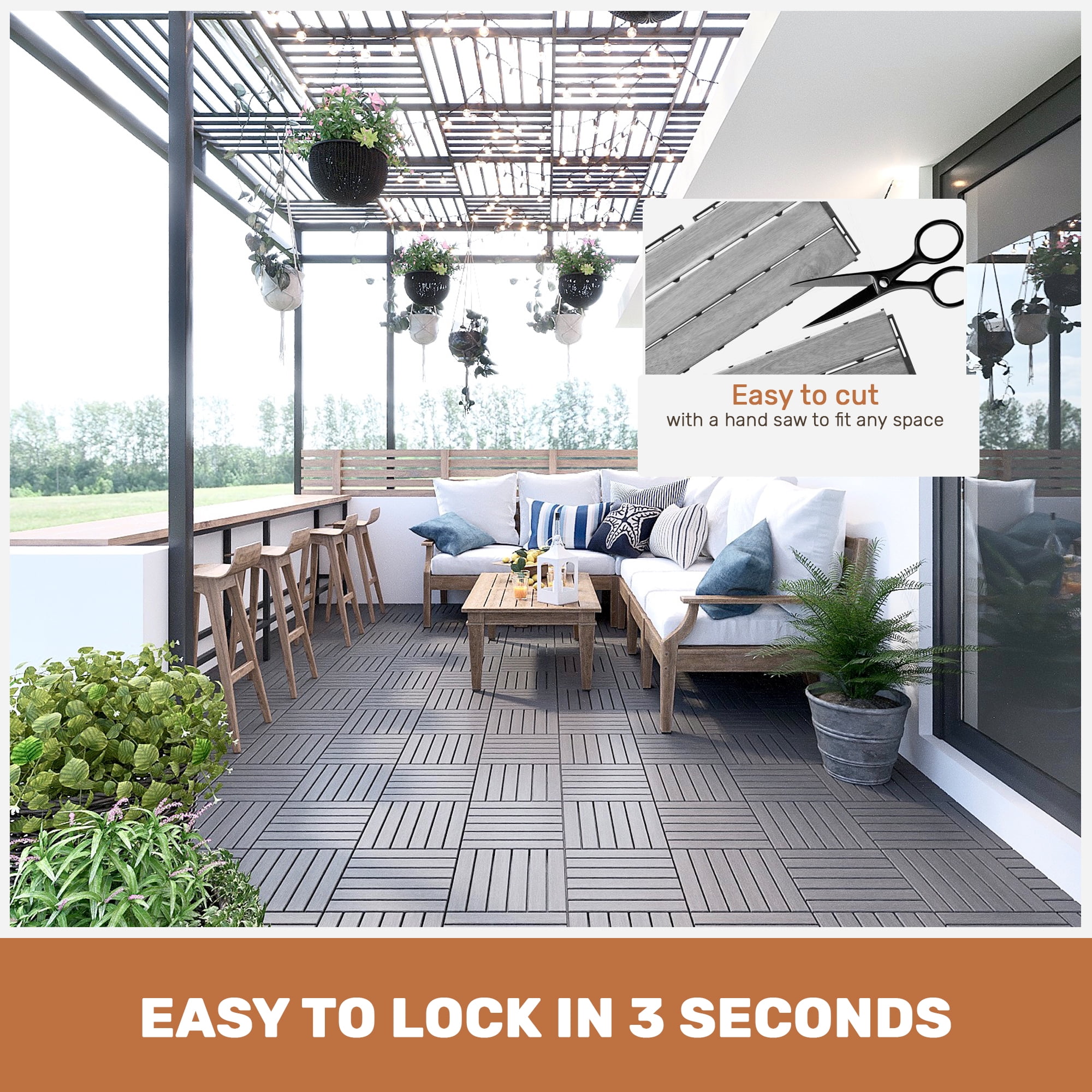 Acacia Wood Deck Tiles, 30 PCS 12x12 Inch Striped Hardwood Tiles for Patio Balcony Backyard Garden, Light Gray
