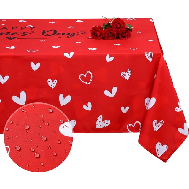 Valentine''s Day Tablecloth Valentines Party Fabric Table Cover Red Love Heart Happy Valentine''s Day Reusable Polyester Rectangle Waterproof Table Cloth for Wedding Anniversary, 60'''' x 84''''