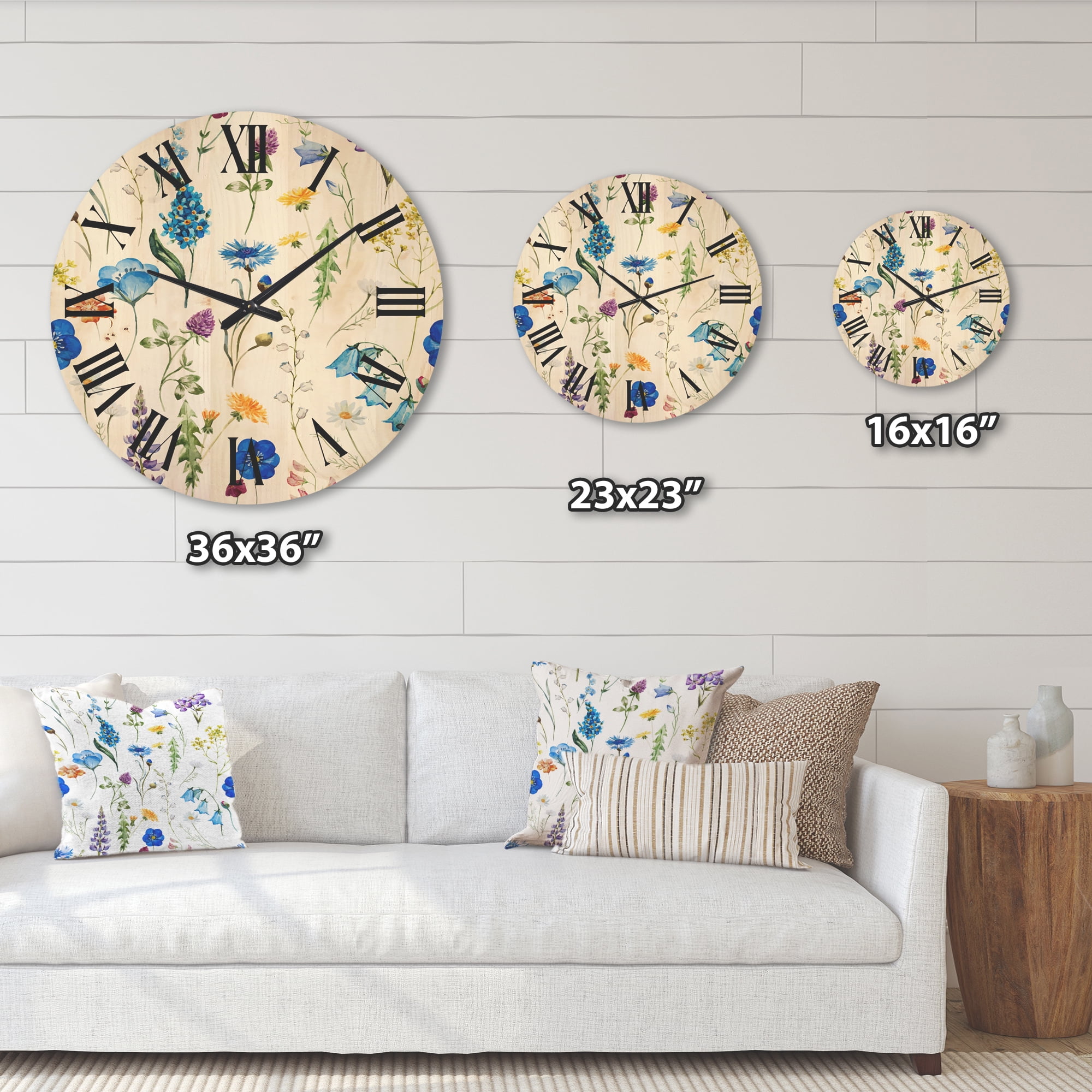 Designart 'Blue Wildflowers With Leaves I' Traditional Wood Wall Clock